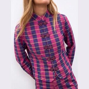 Pink / Navy Blue Plaid Frog Button Mandarin Collar Denim Jacket